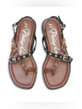 3.1 Phillip Lim Black Strappy Studded Toe-Loop Sandals with Brown Footbed